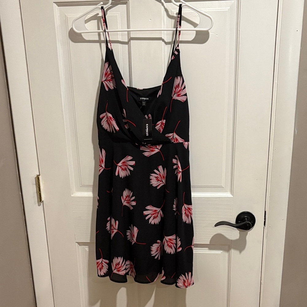 Express Black Floral Dress with Pink Accents